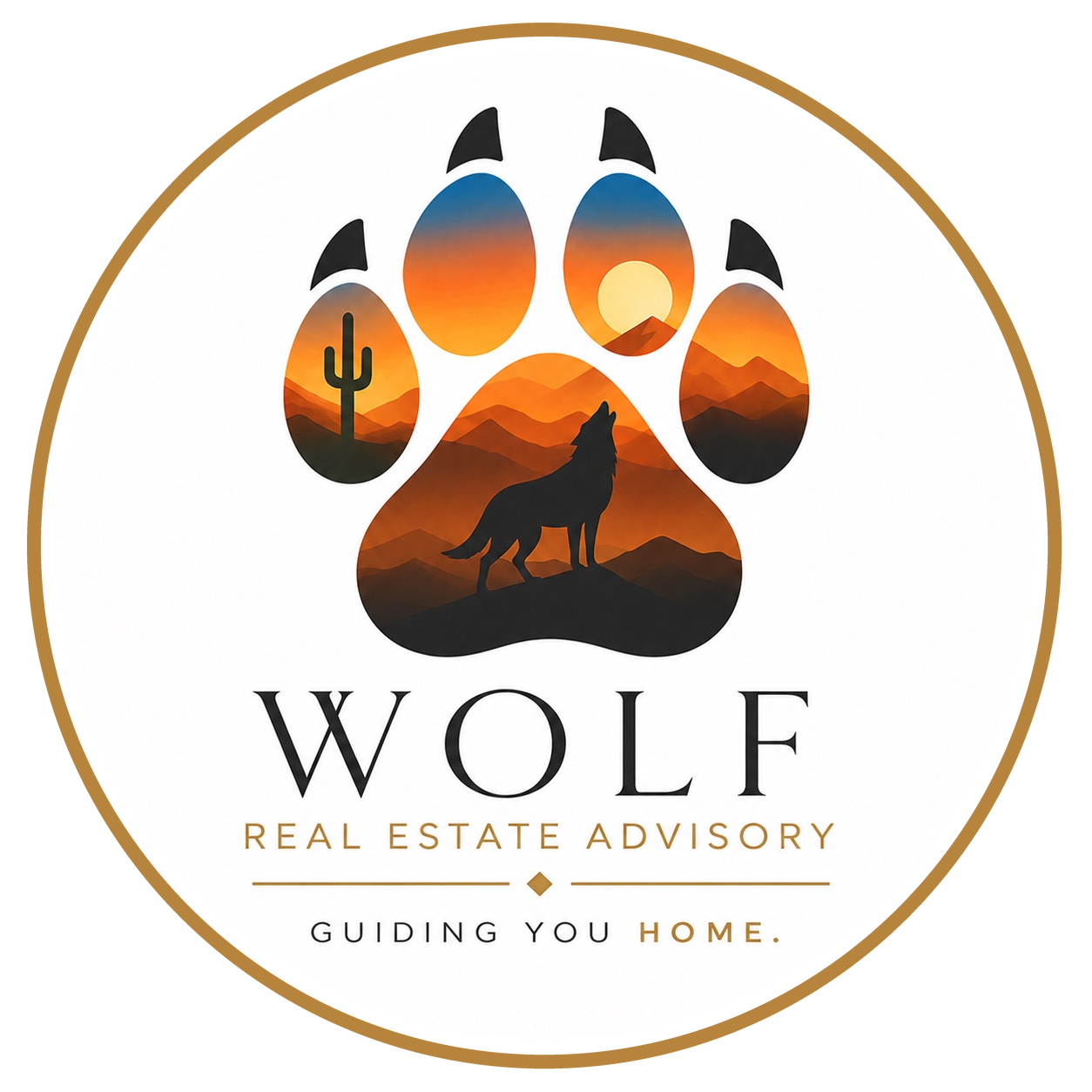 Wolf Real Estate Advisory Logo - Wolf Paw Print. Guiding you home text.